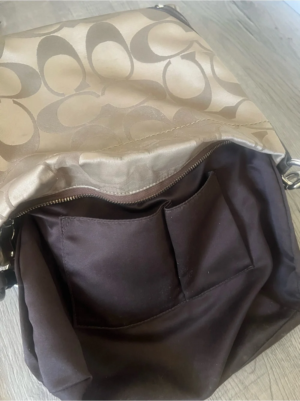 Coach Tan Khaki Signature Carly Hobo Bag with Dark Brown Trim